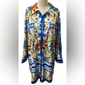 SHEIN Geometric Floral Italian Pottery Print Button Down Long Sleeve Top Size XL